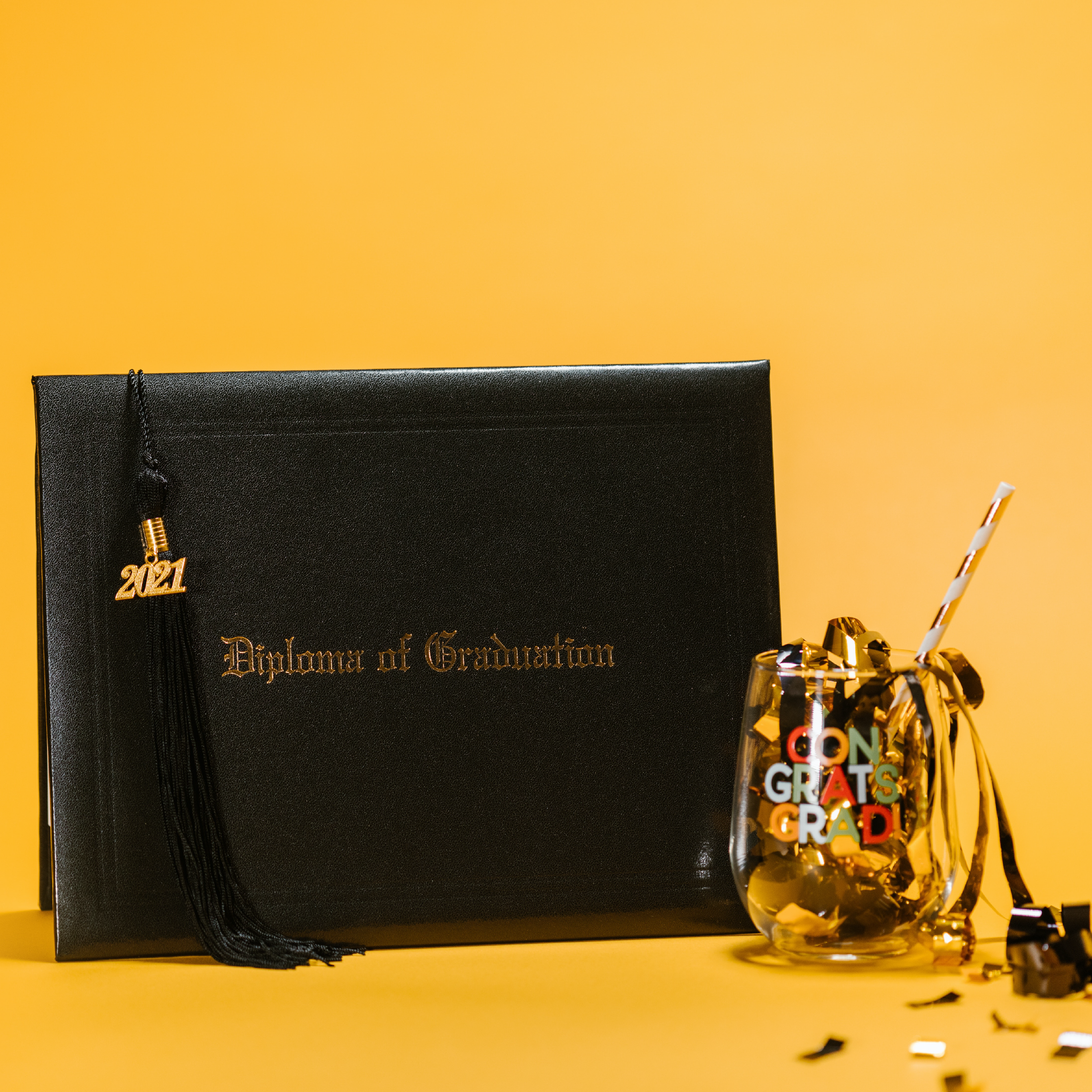 Diploma of Graduation, Congrats Grad glass with golden confetti
