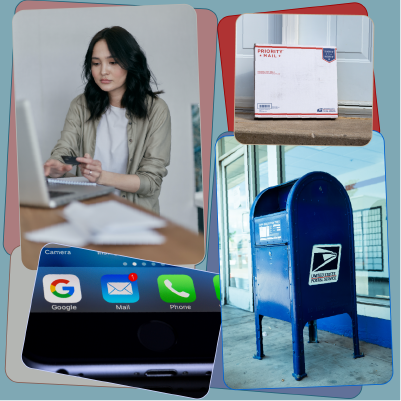 A woman ordering a duplicate record online. Receiving records through email or USPS.